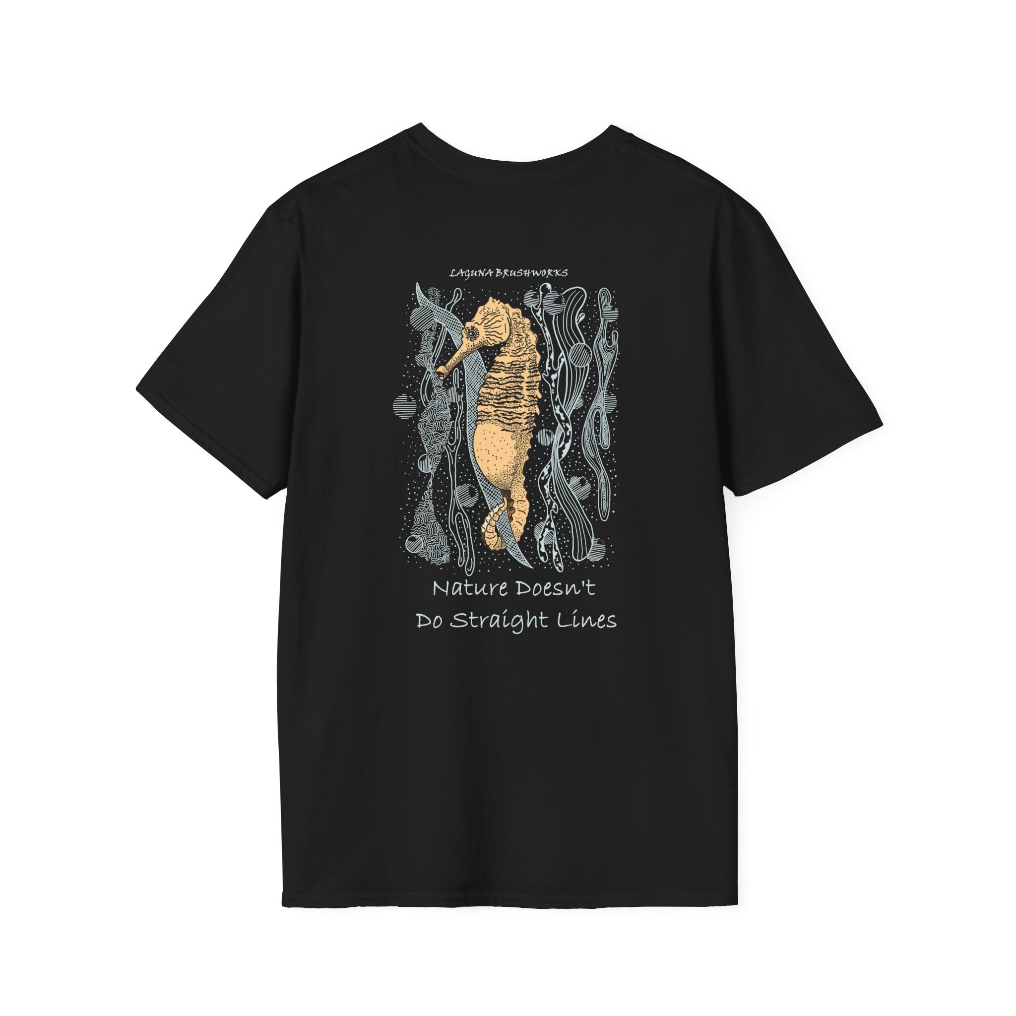 Lined Seahorse T-Shirt — “Nature Doesn't Do Straight Lines” Coastal Illustration