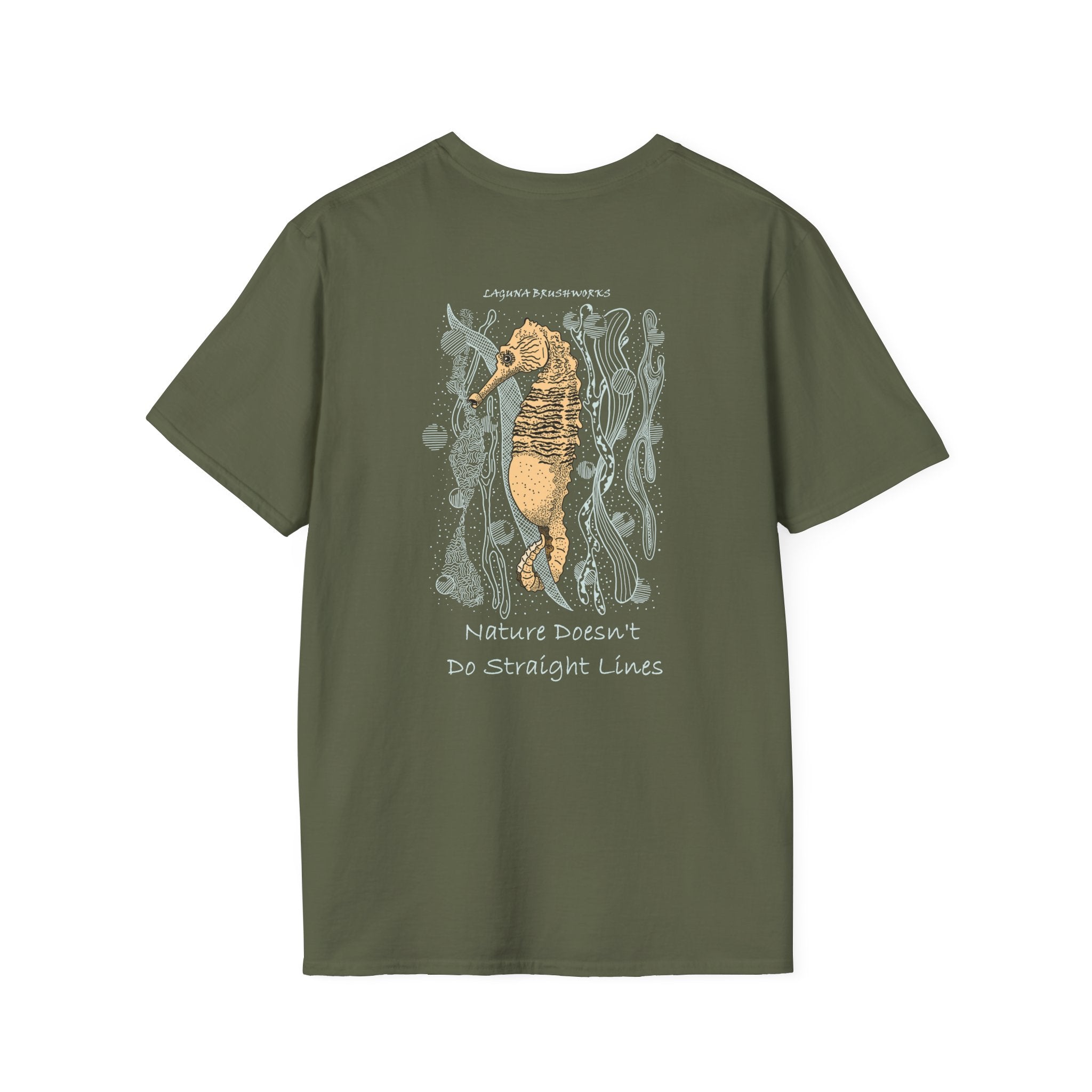 Lined Seahorse T-Shirt — “Nature Doesn't Do Straight Lines” Coastal Illustration