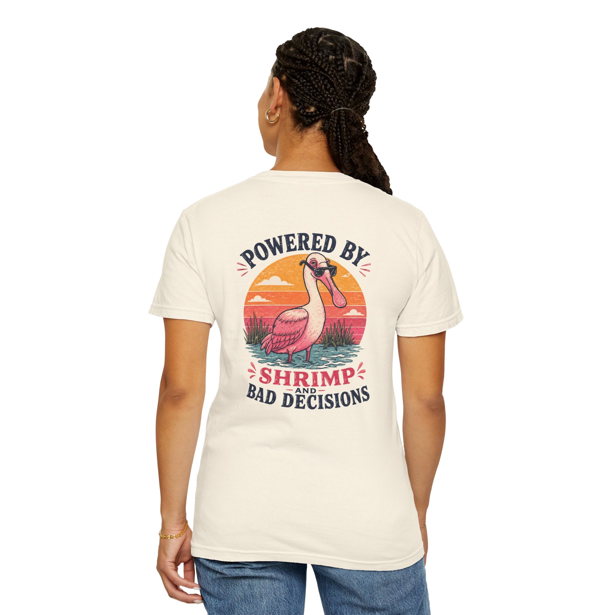 Powered by Shrimp & Bad Decisions — Roseate spoonbill "Shrimp and Bad Decisions" Graphic Tee