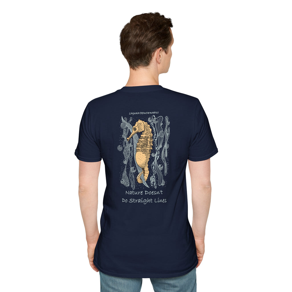 Lined Seahorse T-Shirt — “Nature Doesn't Do Straight Lines” Coastal Illustration