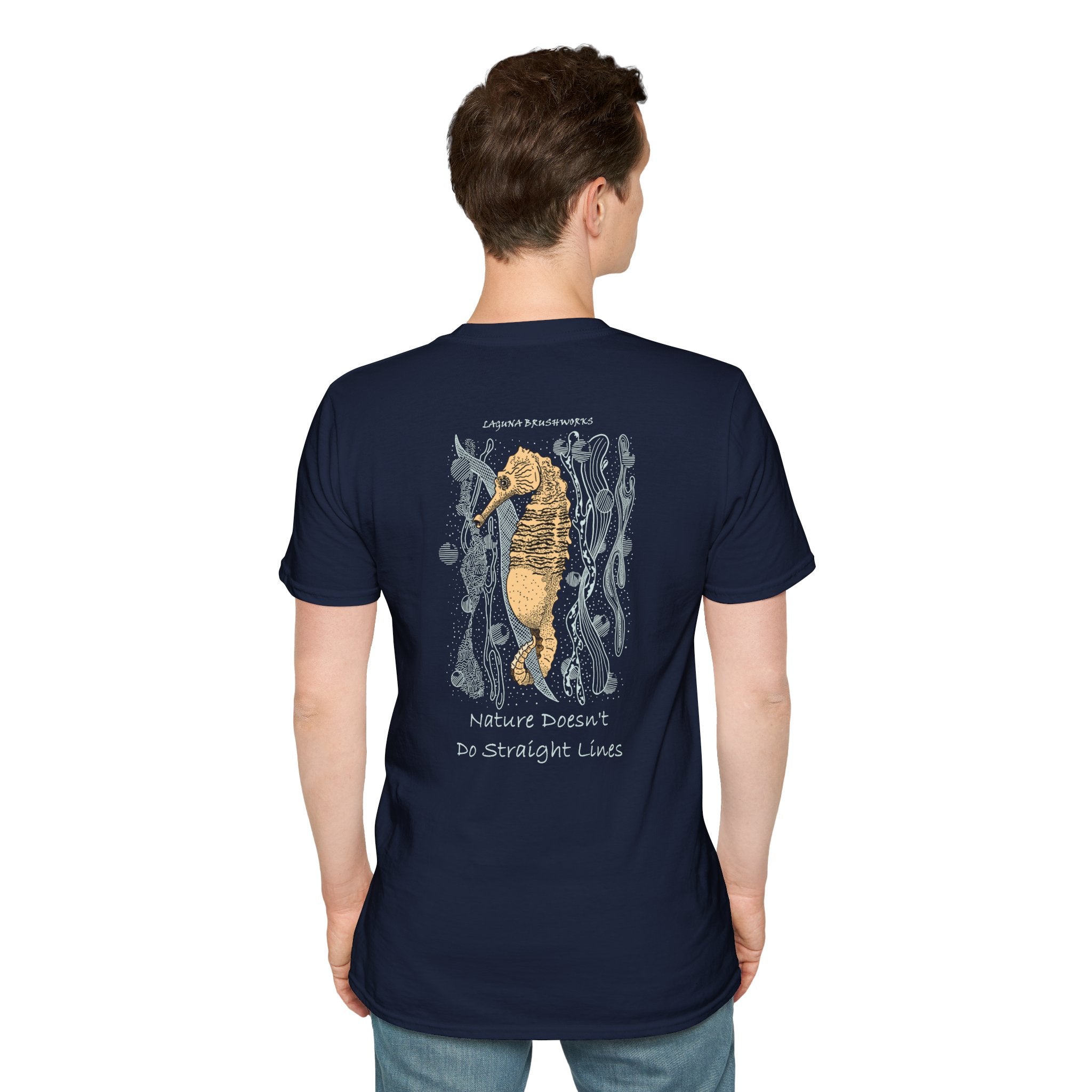 Lined Seahorse T-Shirt — “Nature Doesn't Do Straight Lines” Coastal Illustration