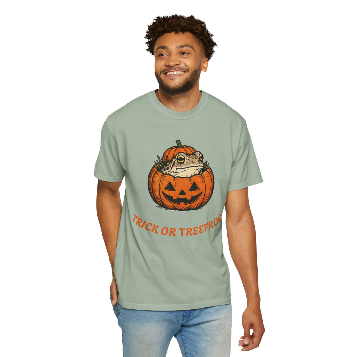 Halloween Frog T-Shirt — "Trick or Treefrog" Pumpkin Graphic