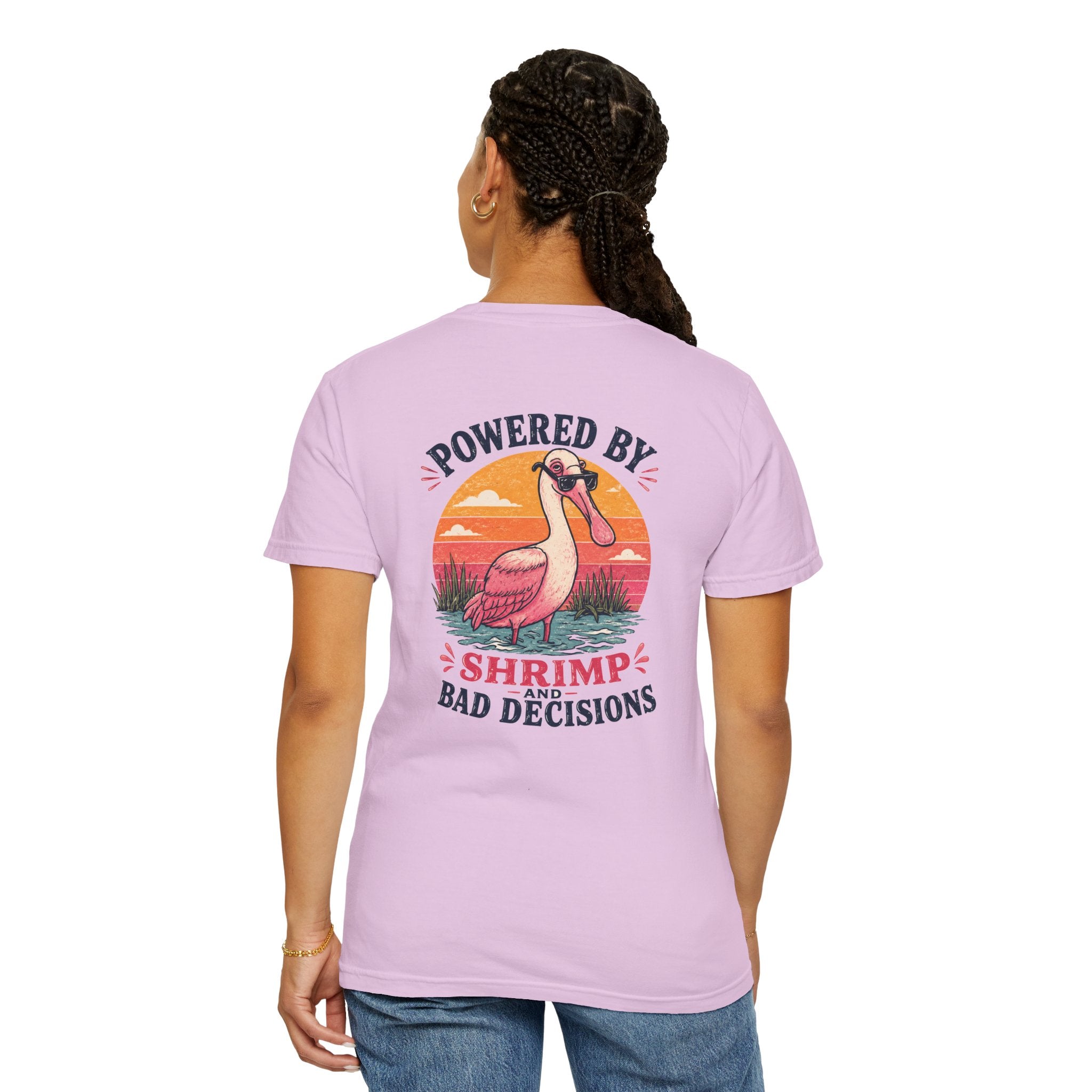 Powered by Shrimp & Bad Decisions — Roseate spoonbill "Shrimp and Bad Decisions" Graphic Tee