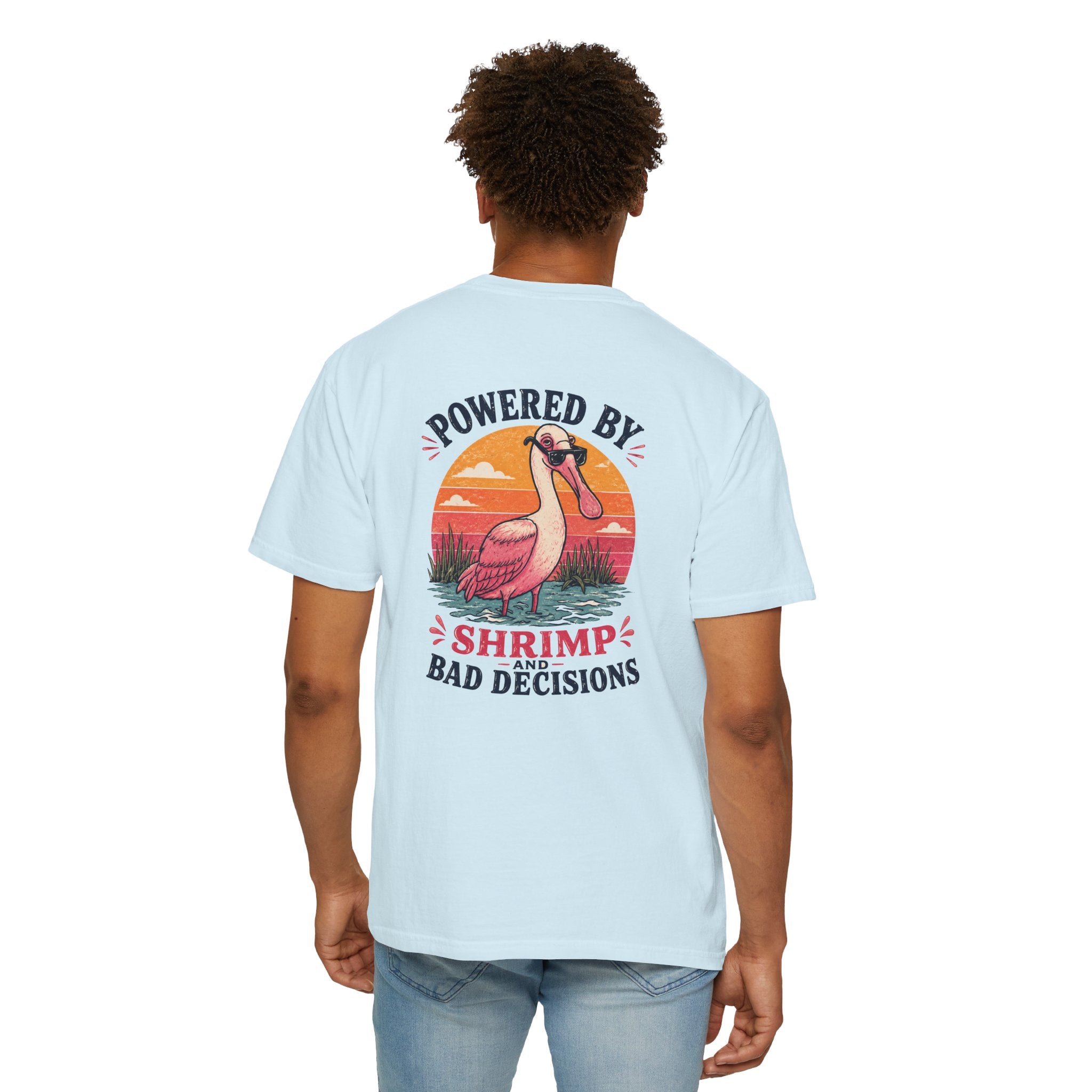 Powered by Shrimp & Bad Decisions — Roseate spoonbill "Shrimp and Bad Decisions" Graphic Tee