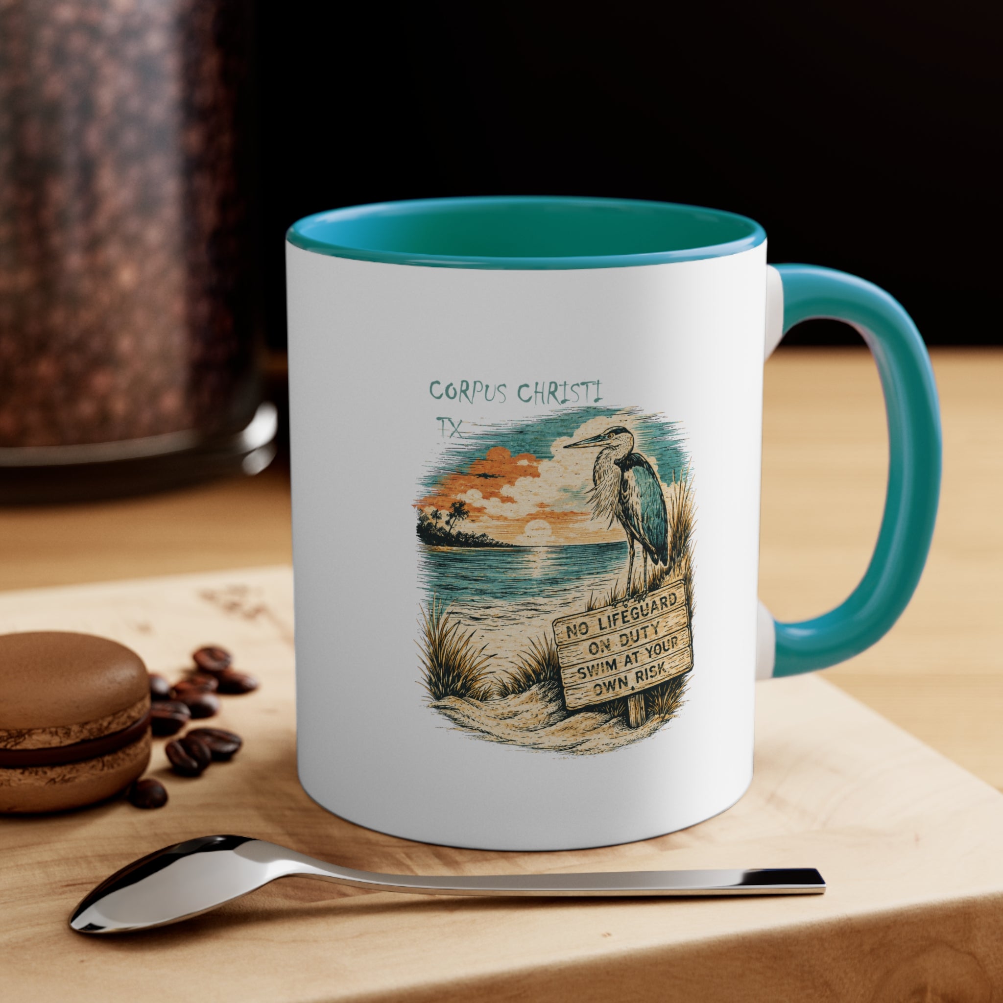 Corpus Christi Beach Mug — Vintage Heron Sunset 11oz Accent Coffee Cup