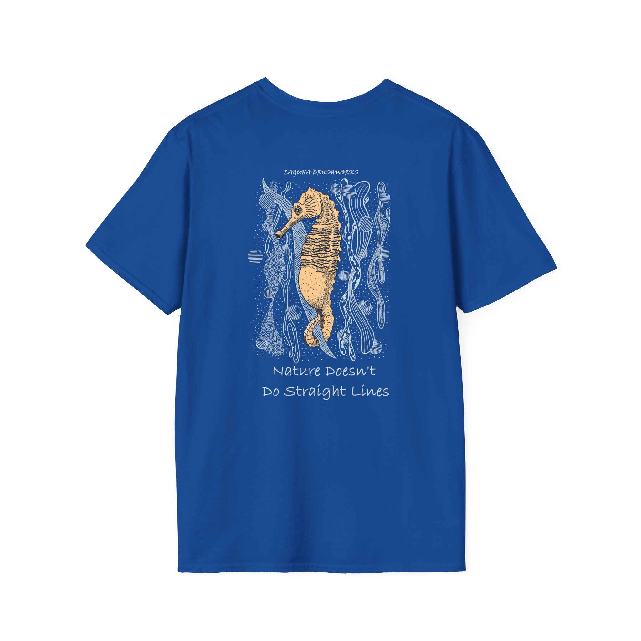 Lined Seahorse T-Shirt — “Nature Doesn't Do Straight Lines” Coastal Illustration