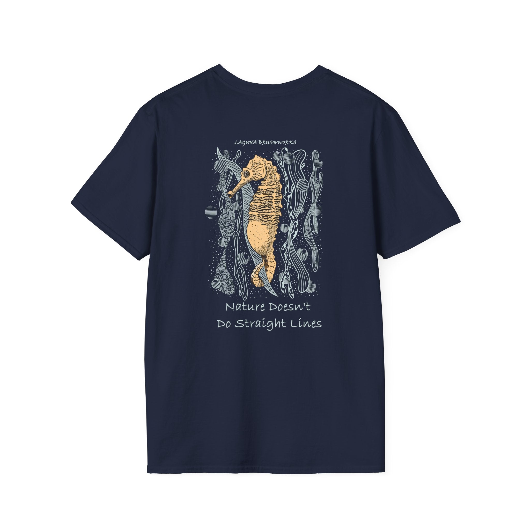 Lined Seahorse T-Shirt — “Nature Doesn't Do Straight Lines” Coastal Illustration