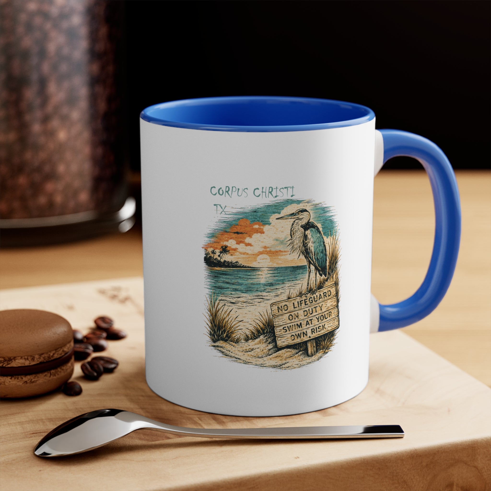 Corpus Christi Beach Mug — Vintage Heron Sunset 11oz Accent Coffee Cup