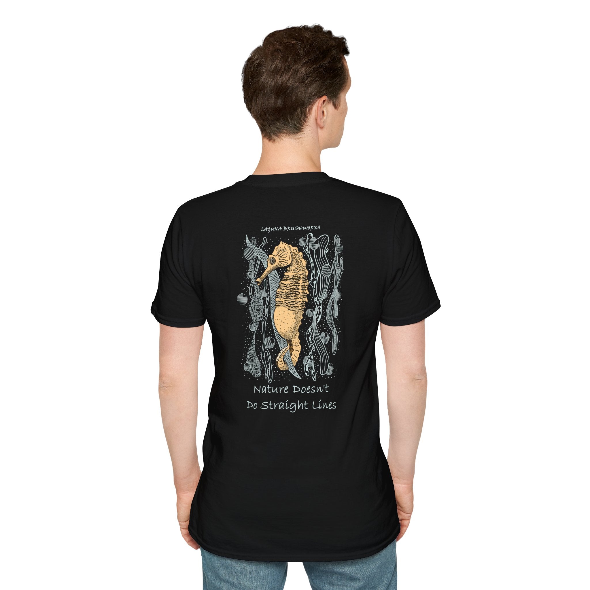 Lined Seahorse T-Shirt — “Nature Doesn't Do Straight Lines” Coastal Illustration