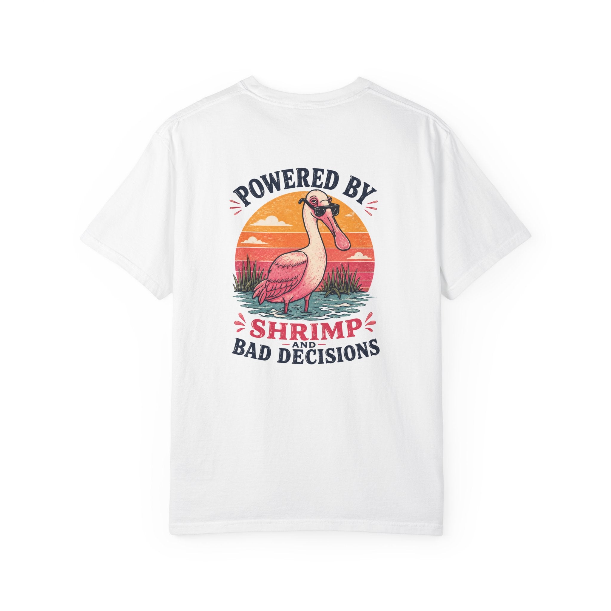Powered by Shrimp & Bad Decisions — Roseate spoonbill "Shrimp and Bad Decisions" Graphic Tee