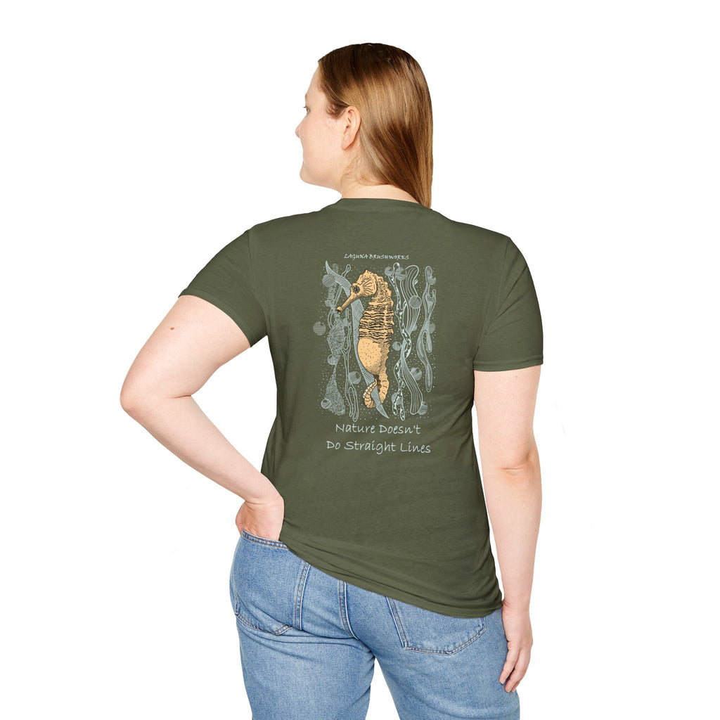 Lined Seahorse T-Shirt — “Nature Doesn't Do Straight Lines” Coastal Illustration
