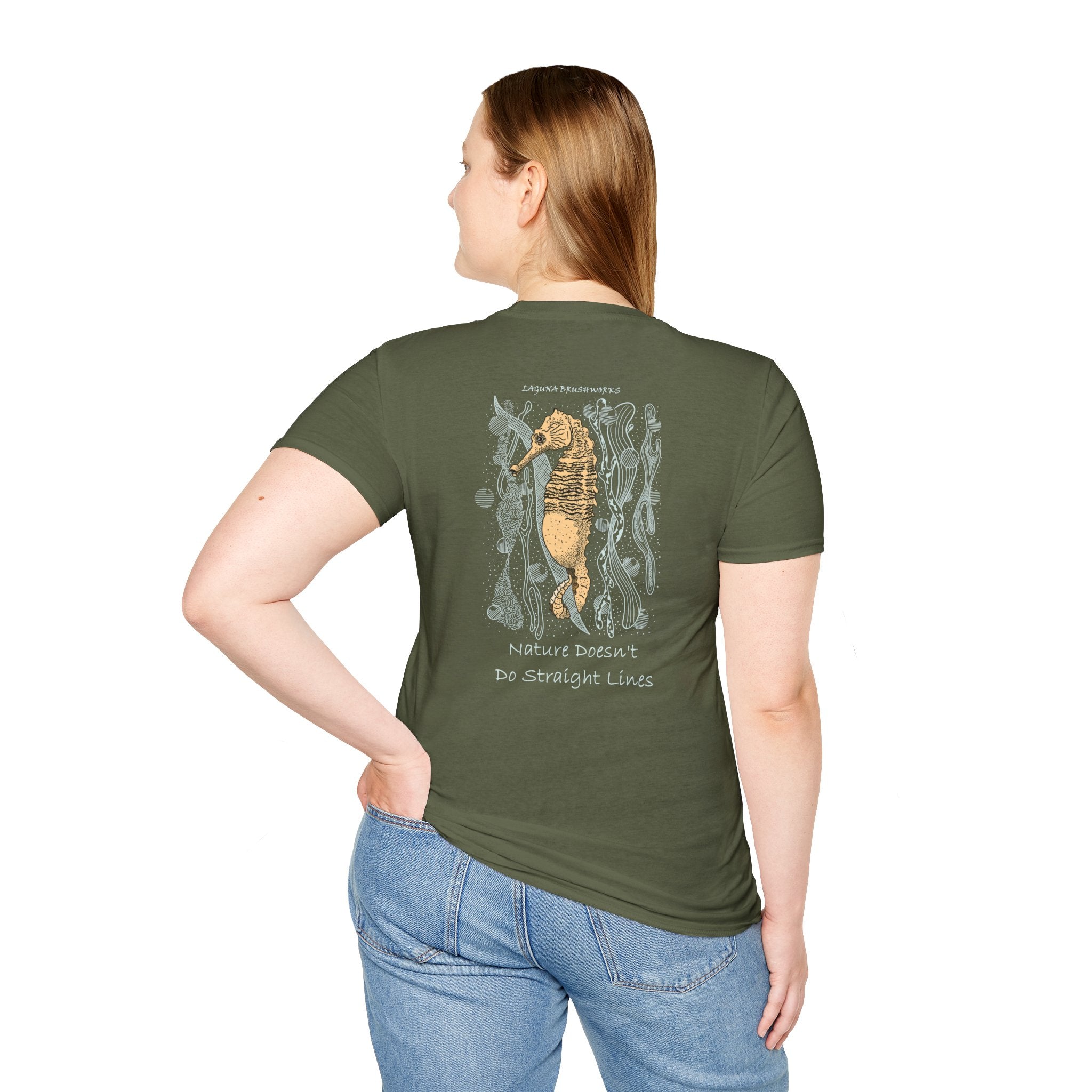 Lined Seahorse T-Shirt — “Nature Doesn't Do Straight Lines” Coastal Illustration