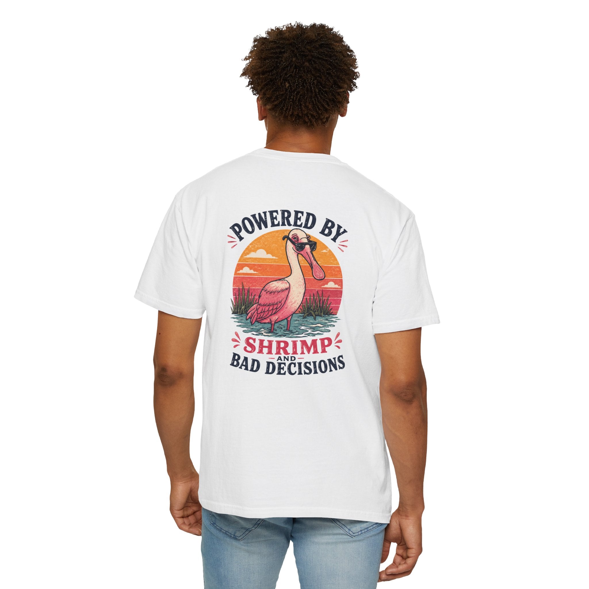 Powered by Shrimp & Bad Decisions — Roseate spoonbill "Shrimp and Bad Decisions" Graphic Tee