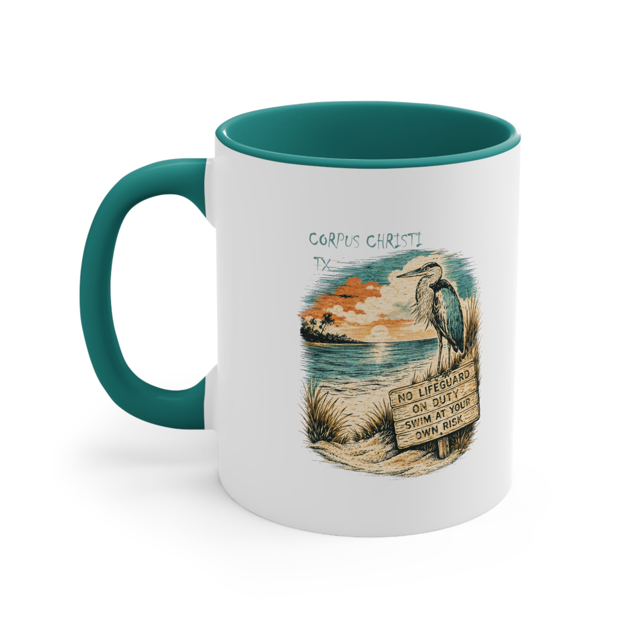 Corpus Christi Beach Mug — Vintage Heron Sunset 11oz Accent Coffee Cup