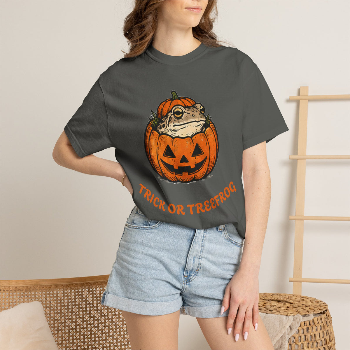 Halloween Frog T-Shirt — "Trick or Treefrog" Pumpkin Graphic
