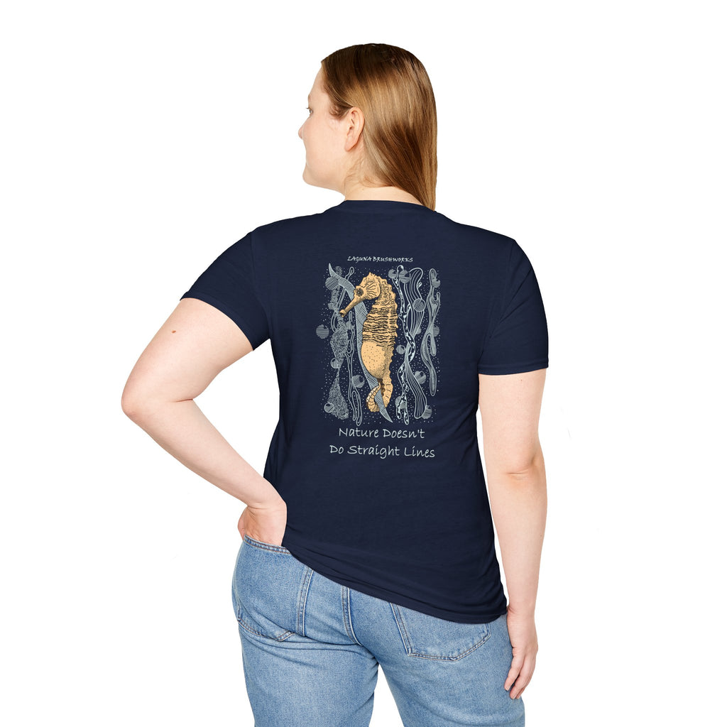 Lined Seahorse T-Shirt — “Nature Doesn't Do Straight Lines” Coastal Illustration
