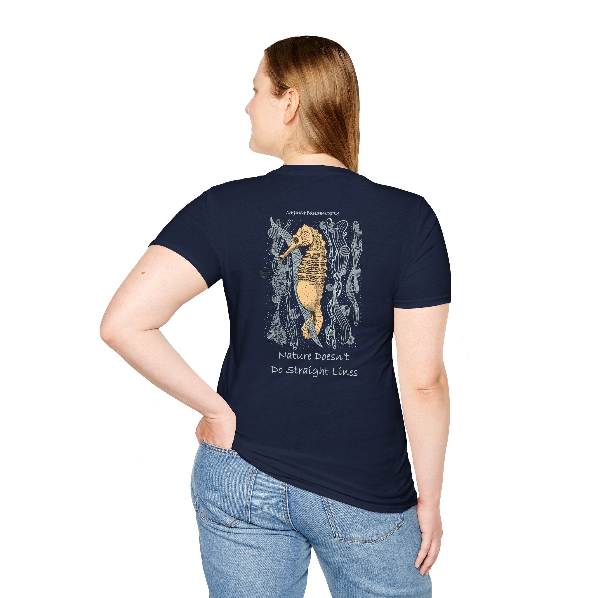 Lined Seahorse T-Shirt — “Nature Doesn't Do Straight Lines” Coastal Illustration