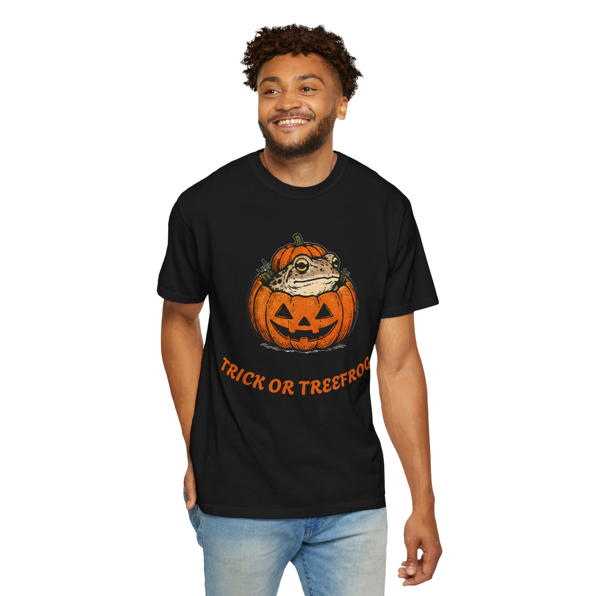 Halloween Frog T-Shirt — "Trick or Treefrog" Pumpkin Graphic