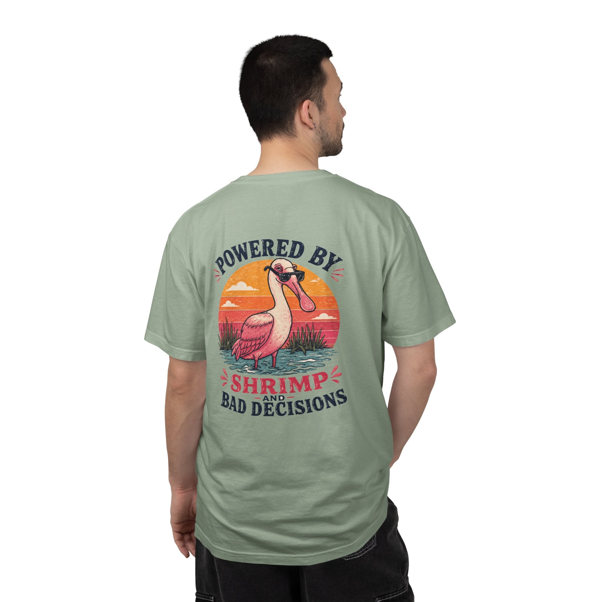 Powered by Shrimp & Bad Decisions — Roseate spoonbill "Shrimp and Bad Decisions" Graphic Tee