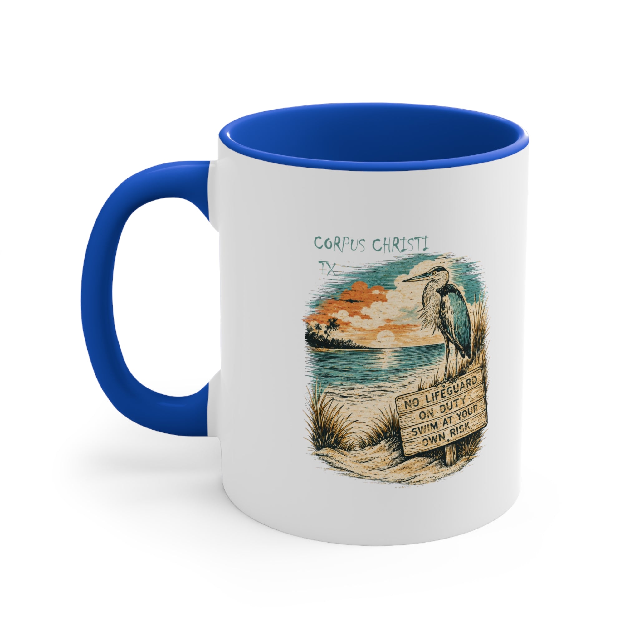 Corpus Christi Beach Mug — Vintage Heron Sunset 11oz Accent Coffee Cup