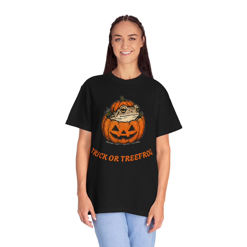 Halloween Frog T-Shirt — "Trick or Treefrog" Pumpkin Graphic