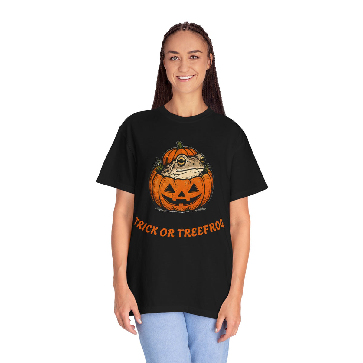 Halloween Frog T-Shirt — "Trick or Treefrog" Pumpkin Graphic