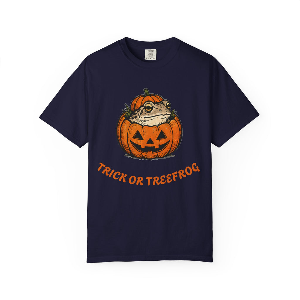 Halloween Frog T-Shirt — "Trick or Treefrog" Pumpkin Graphic