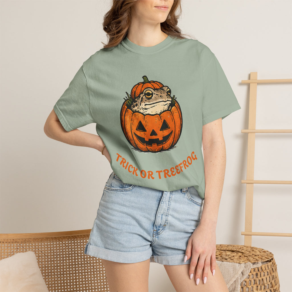 Halloween Frog T-Shirt — "Trick or Treefrog" Pumpkin Graphic