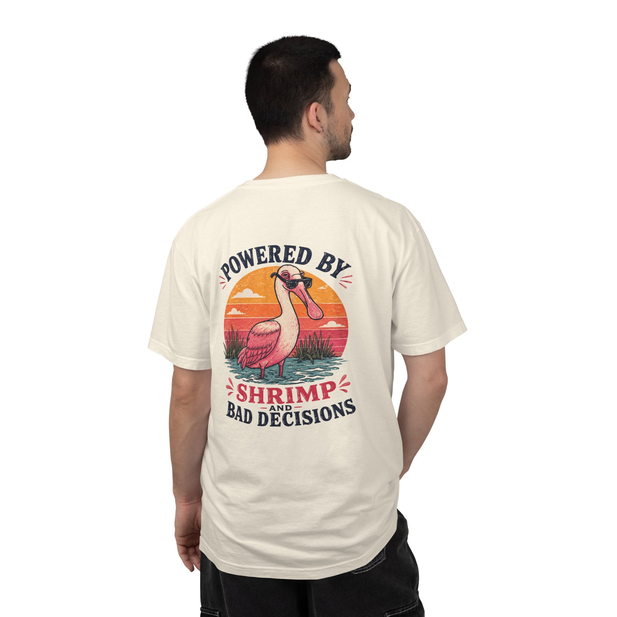 Powered by Shrimp & Bad Decisions — Roseate spoonbill "Shrimp and Bad Decisions" Graphic Tee